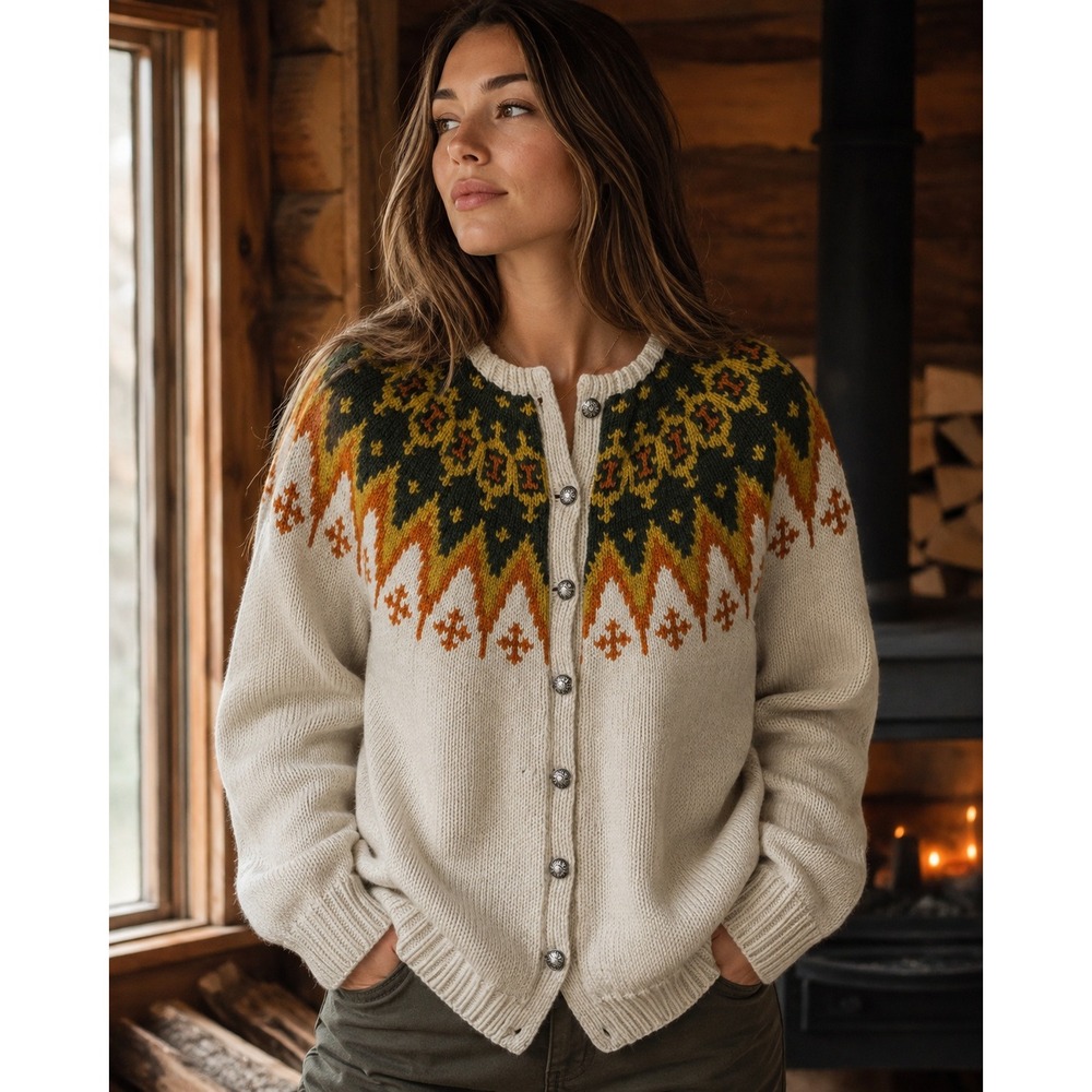 VTG 60s Saga Knit Fair Isle Cardigan Sweater Women M Cream Nordic Wool Norway